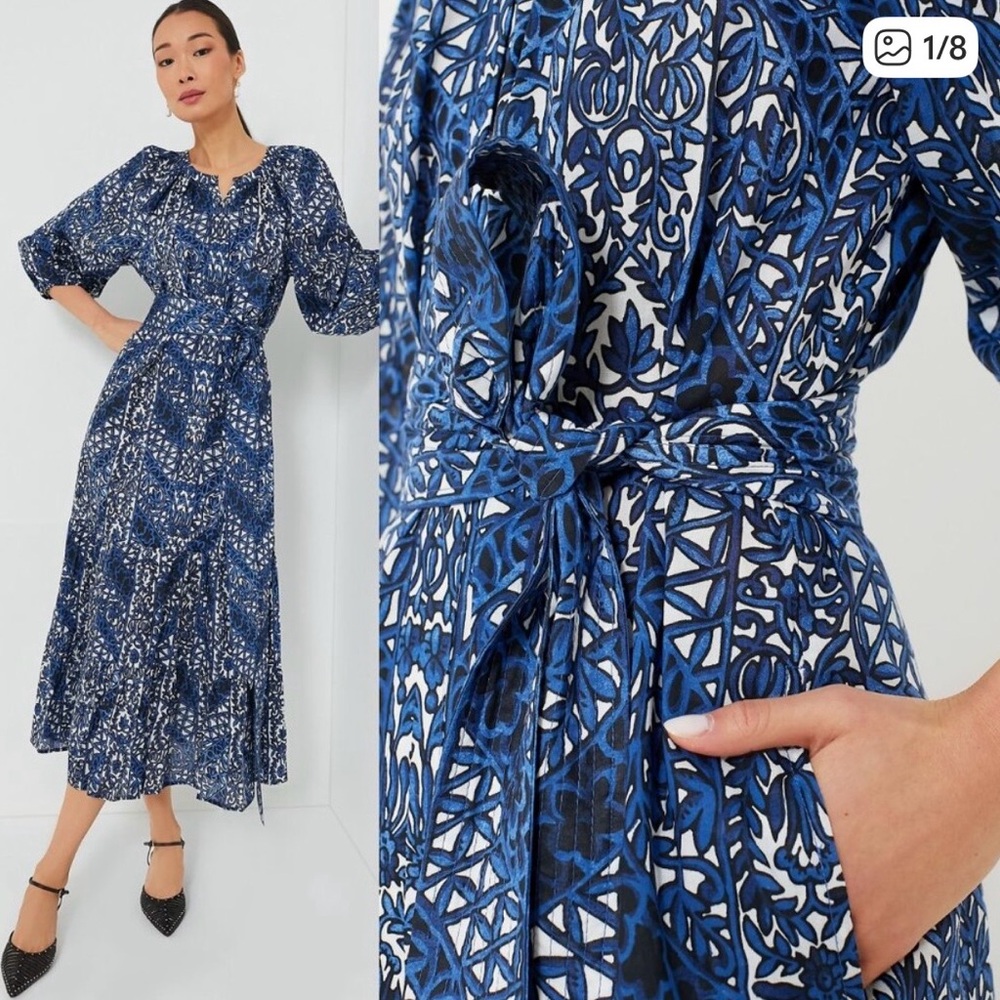Tuckernuck Blue and White Printed Maxi Dress with Tie Waist